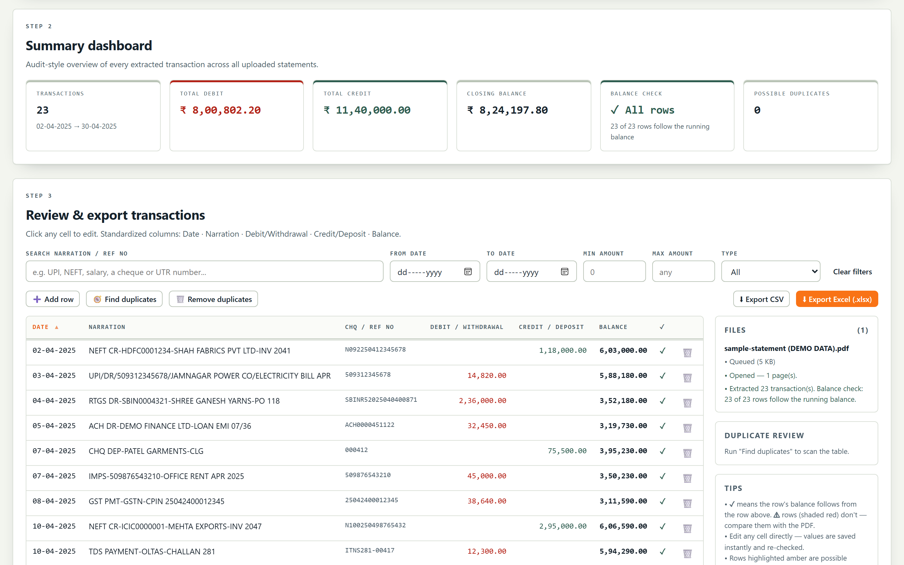 Ledger Lens: a sample bank statement converted, with every row ticked by the balance check
