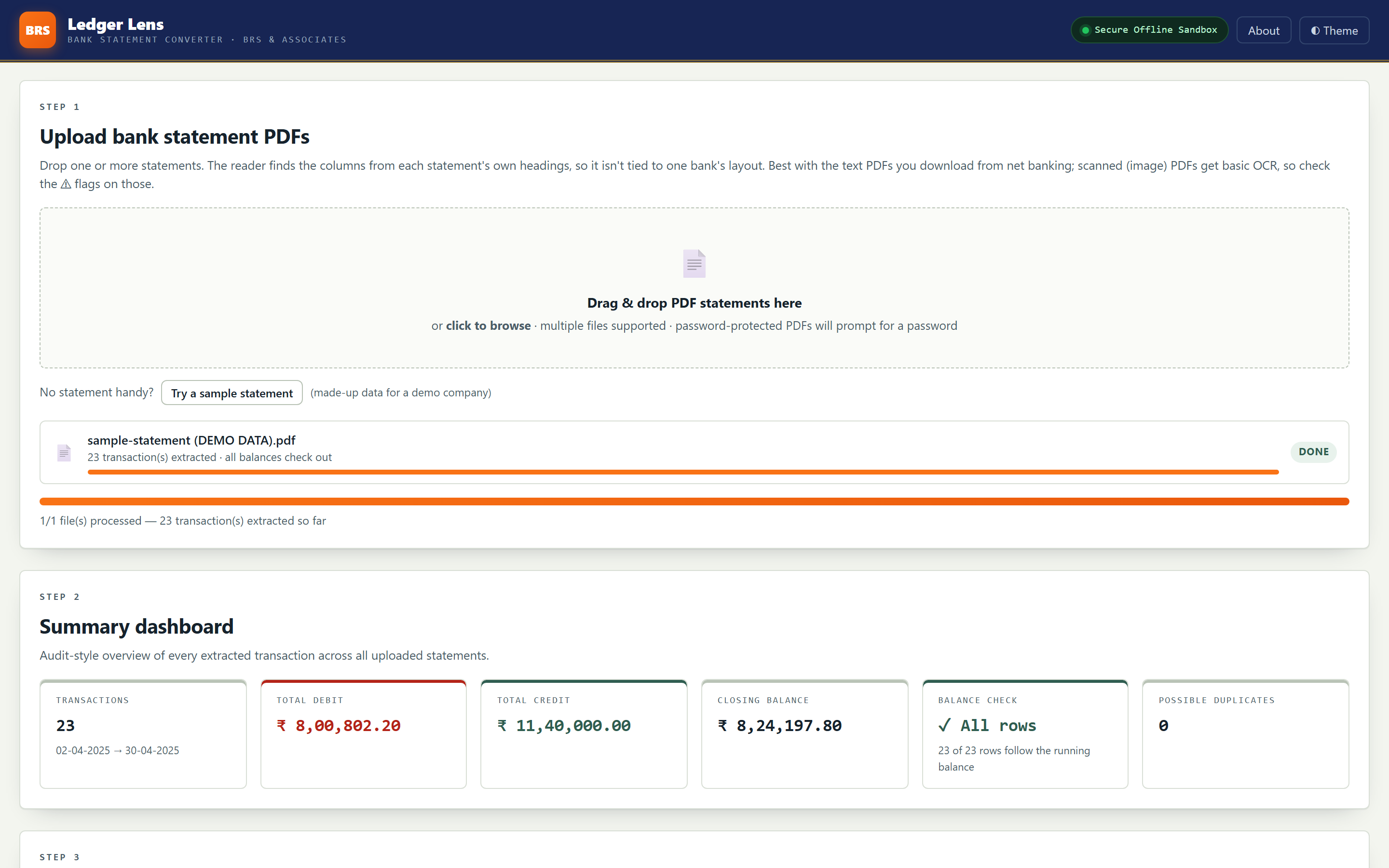 Upload screen with a built-in sample statement