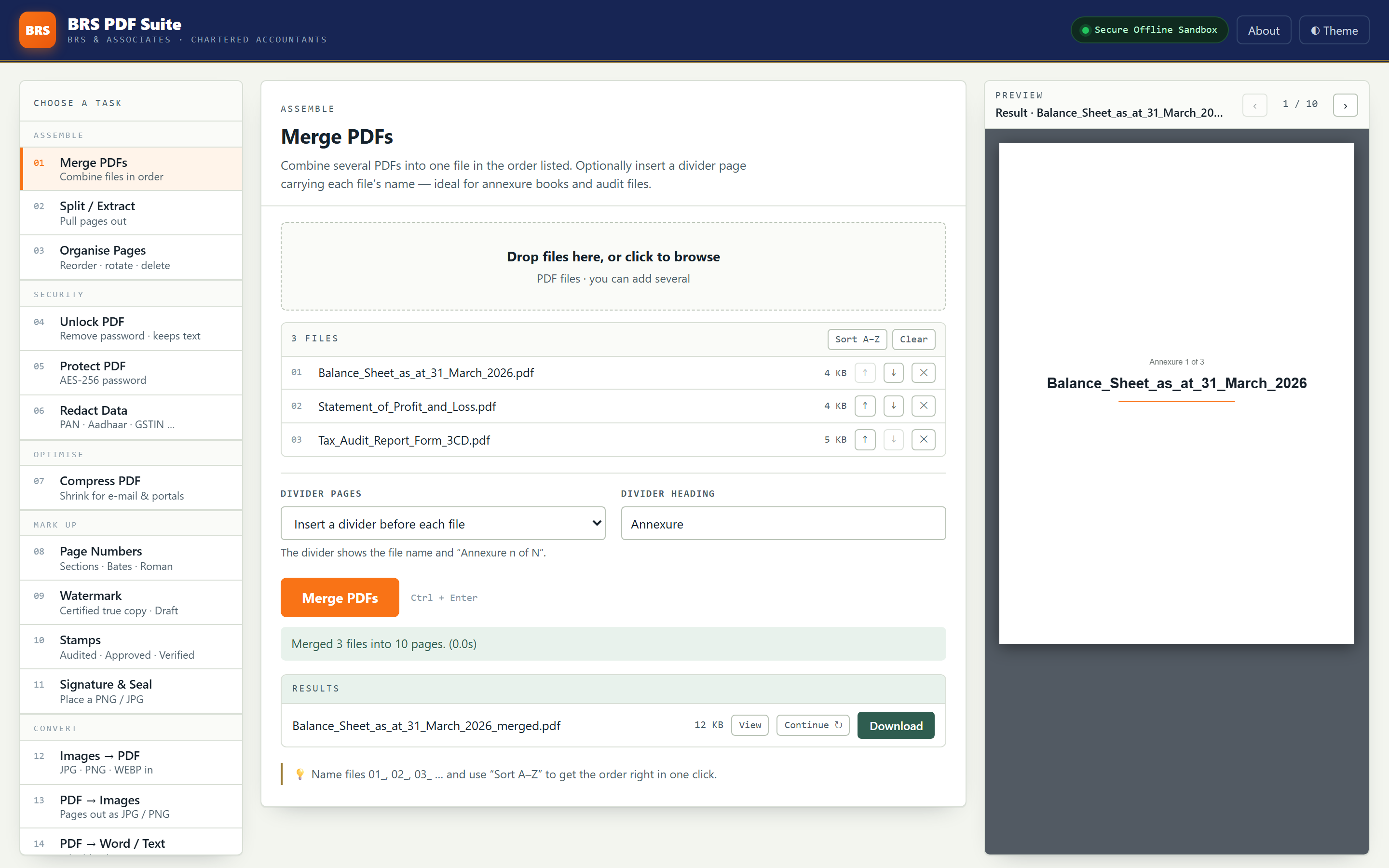 PDF Suite merging three financial statements into one file