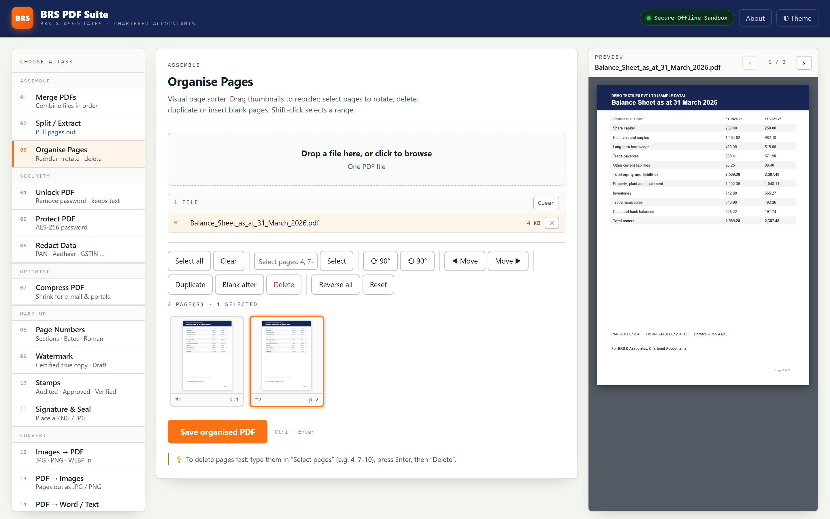 Visual page organiser with thumbnails